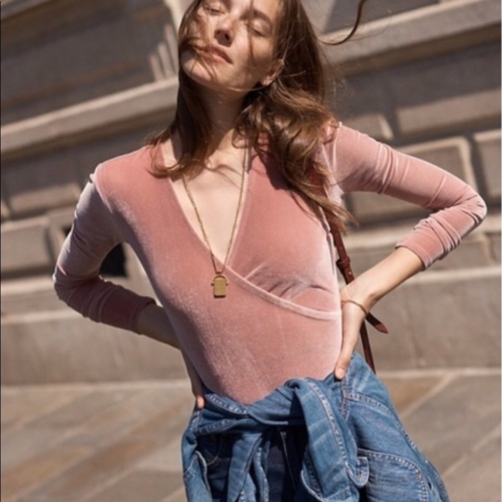 Madewell Velvet Wrap Bodysuit in Mauve Pink Sz XS
